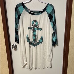 Plaid Anchor Print Women's Top Size 2X